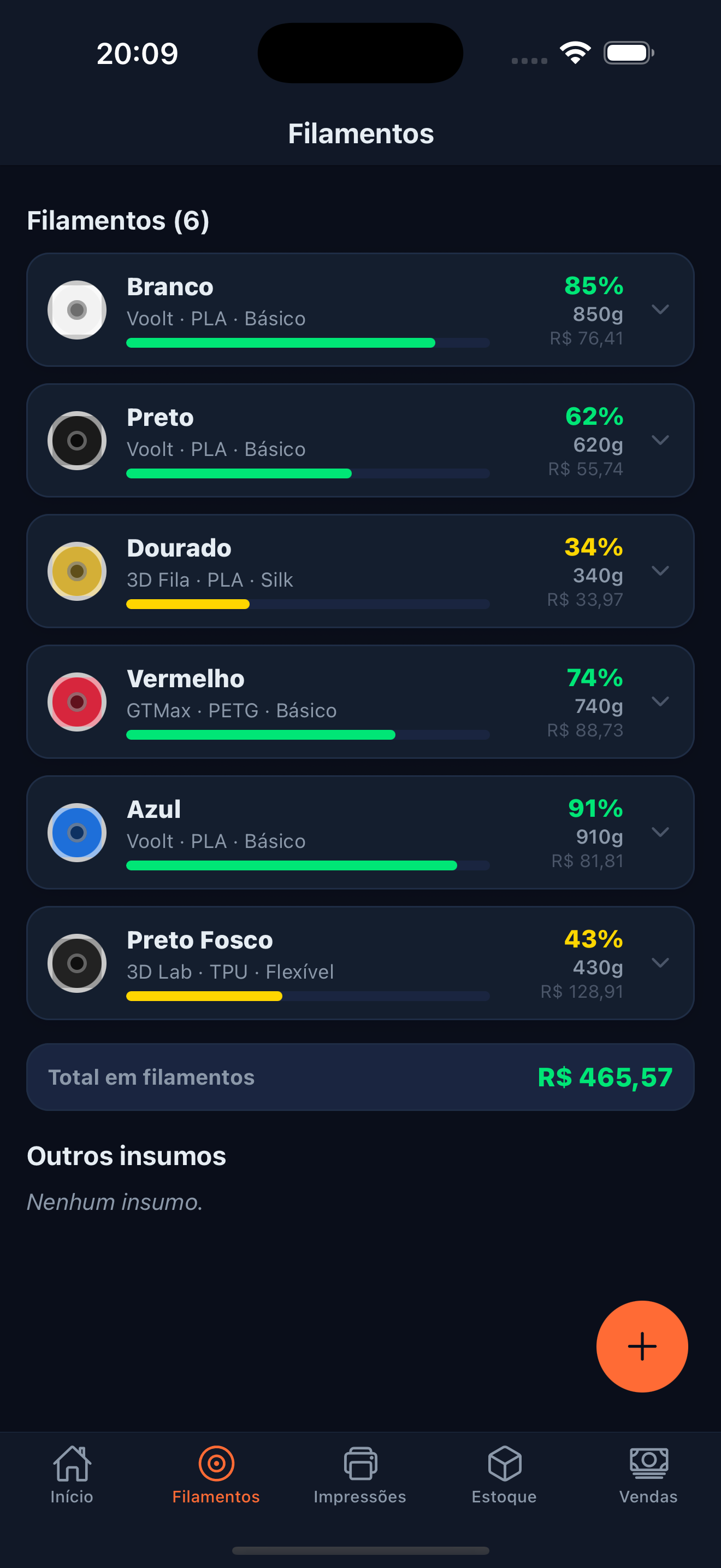 Controle de estoque de filamentos