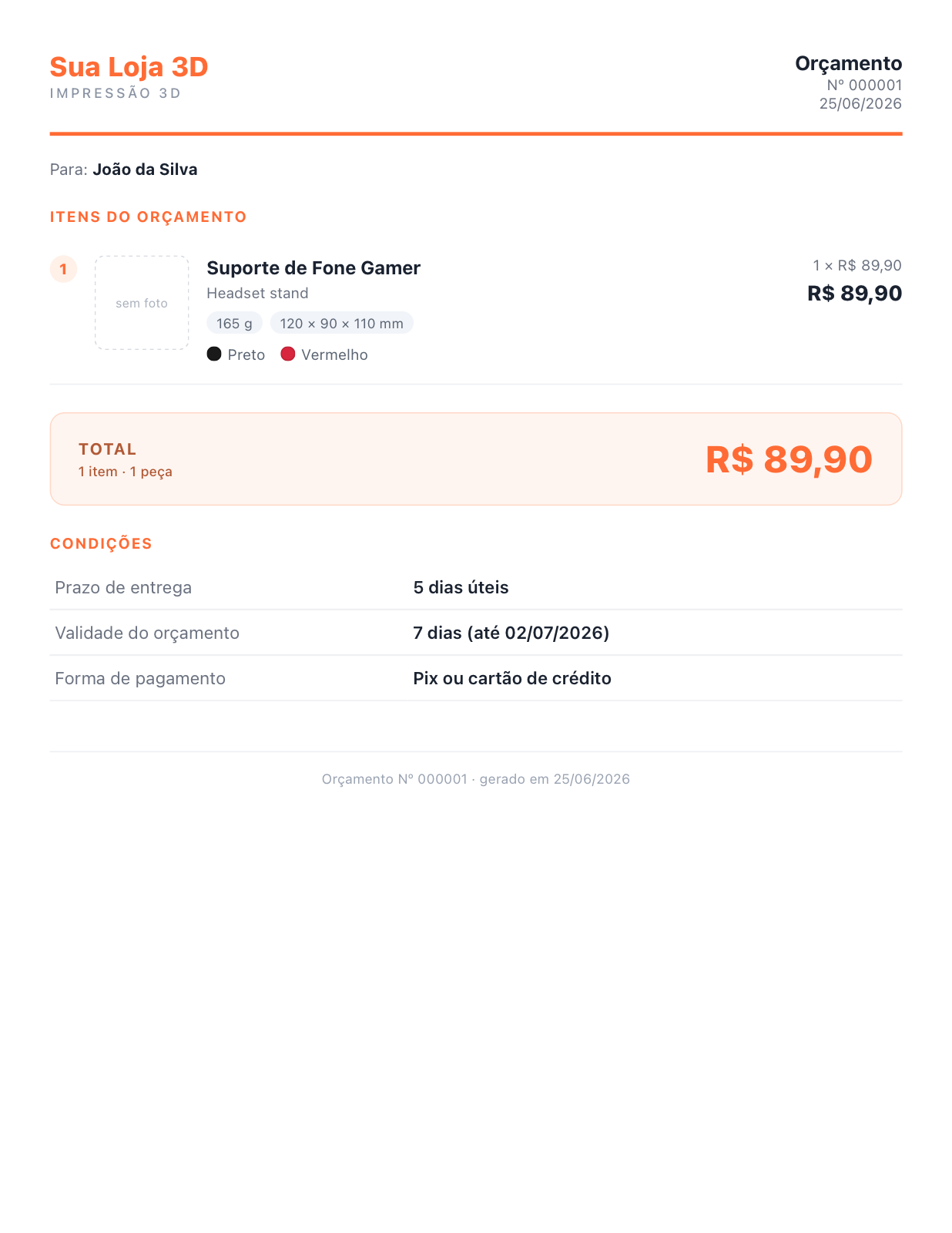 Orçamento em PDF gerado pelo app
